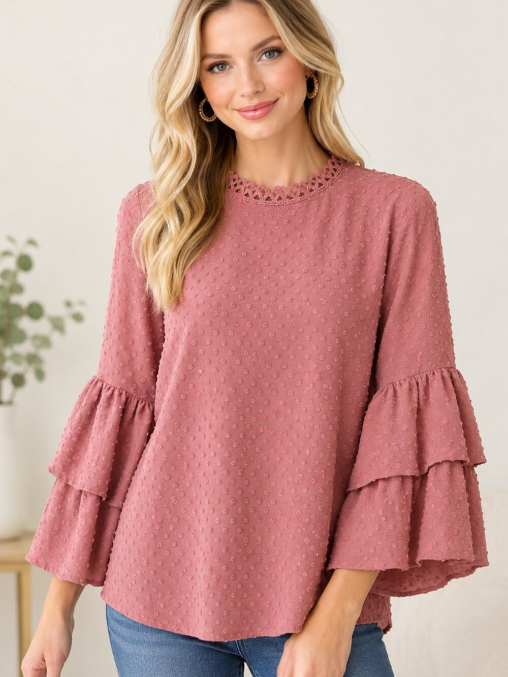 JODIFL Ruffled Swiss Dot Blouse in Dusty Rose Size Small